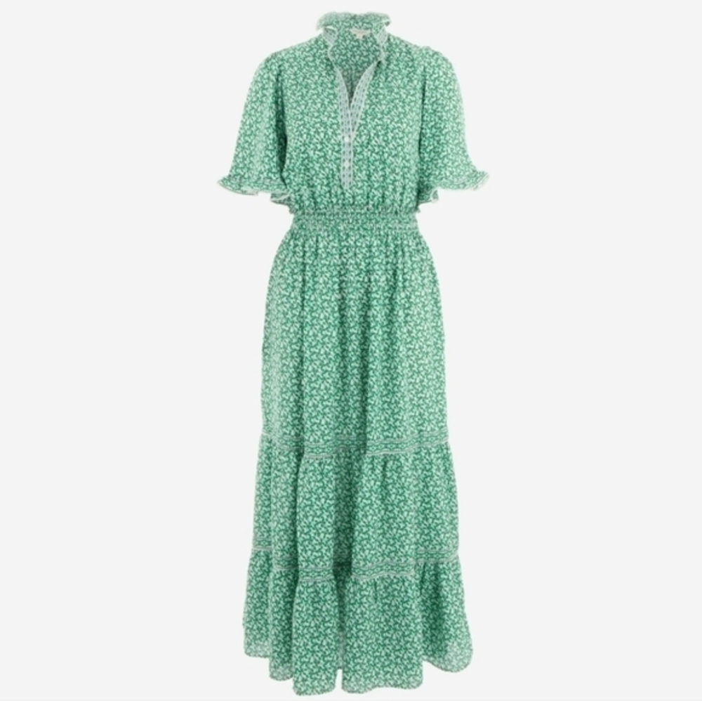 Max Studio Floral Print Maxi Dress Green White Flutter Sleeve Smocked Waist Plus